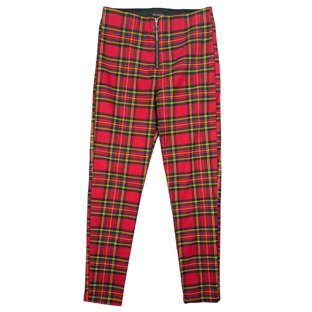 Shinestar Leggings Womens M SP4956 Red Plaid Exposed Zipper High Rise Slim Fit